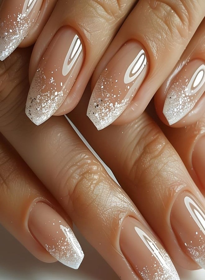 TOGZOM Ombre Press on Nails Short Coffin Nude Acrylic Glitter Glue on Medium Gradation False Glossy Nature Stick on for Women Girls Manicure 24Pcs - Image 1